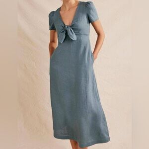 Boden Slate Blue Tie-Front Linen Midi Dress
